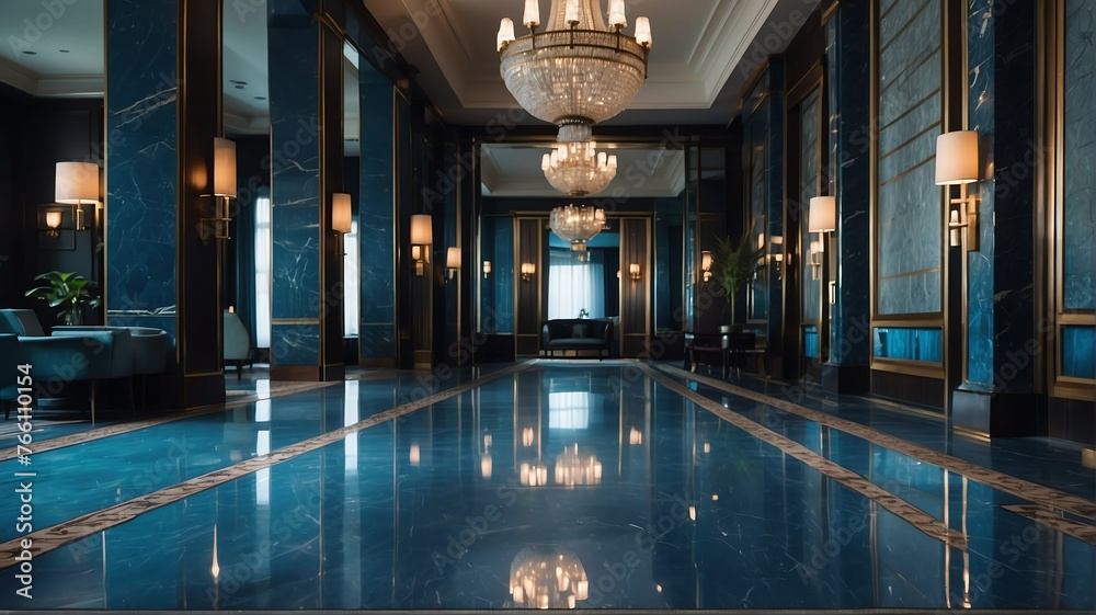 Blue themed hotel walkway with luxury carpet with stunning chandelier and polished marble floor from Generative AI - obrazy, fototapety, plakaty 