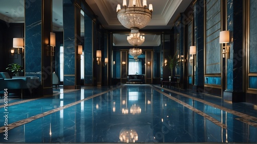 Blue themed hotel walkway with luxury carpet with stunning chandelier and polished marble floor from Generative AI