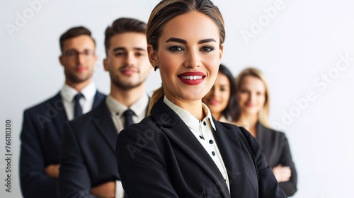confident businesswoman on a white background surrounded by a group of businesspeople