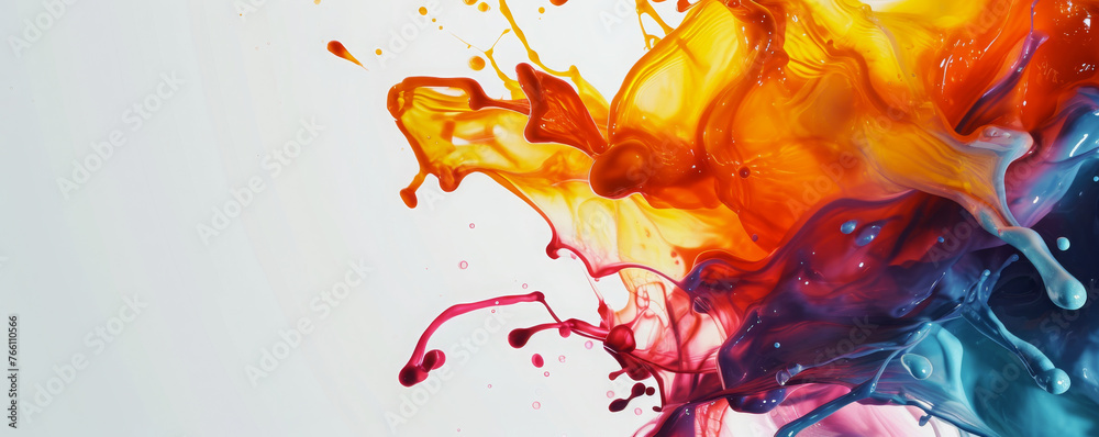 Dynamic and colorful fluid art banner with vivid splashes of orange, pink, blue, ideal for modern and creative advertising. For vibrant marketing materials, creative headers, abstract backgrounds