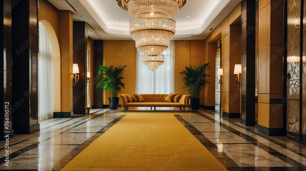 Yellow themed hotel walkway with luxury carpet with stunning chandelier and polished marble floor from Generative AI