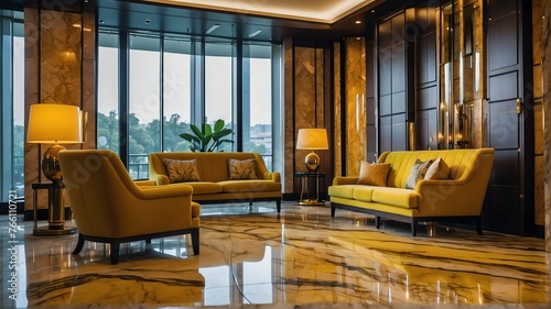 Yellow themed hotel waiting area with sofa chairs and luxury carpet on a polished marble floor from Generative AI