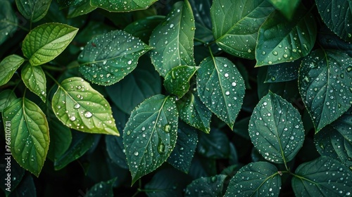 Rain-kissed foliage  A textured background of green leaves adorned with raindrops