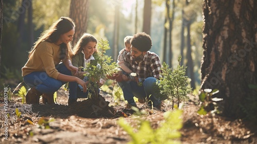 A family plants a tree together in a peaceful woodland to remember a loved one.