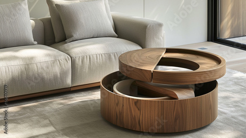 Rotating side table, offering versatility, in a multifunctional living space.