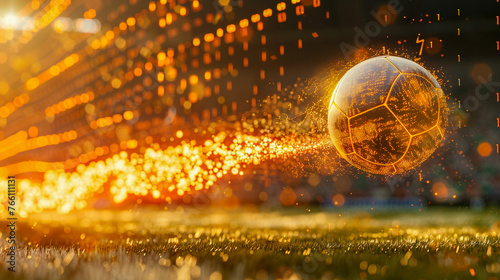 a smart football flying towards the goal, its trajectory and spin calculated and optimized by the internal CPU, with a glowing trail of binary code symbolizing data processing