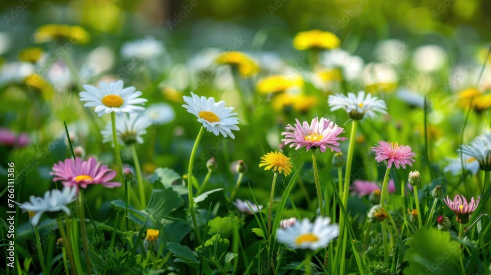 Sunny Spring Meadow with White & Pink Daisies and Yellow Dandelions Blooming in Abundance