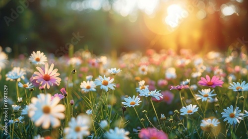 Sunny Meadow Blooming with White and Pink Spring Daisies