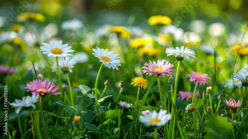 Sunny Spring Meadow with White & Pink Daisies and Yellow Dandelions Blooming in Abundance