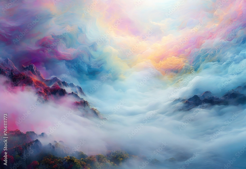 A breathtakingly fantasy landscape. Abstract colorful fantastic background with mesmerizing fog.