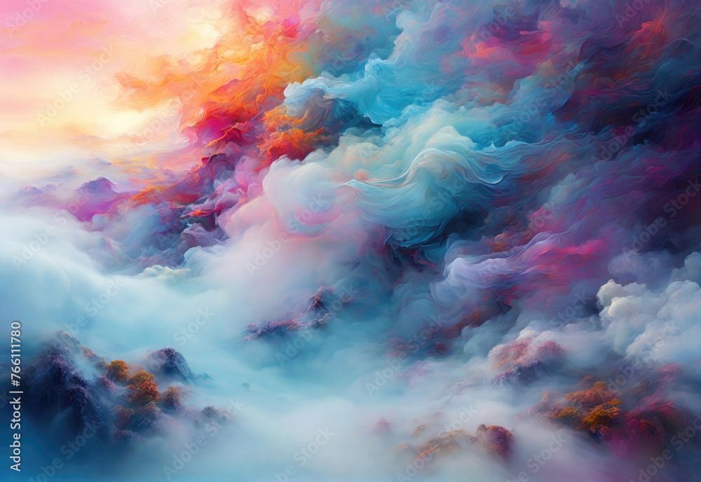 A breathtakingly fantasy landscape. Abstract colorful fantastic background with mesmerizing fog. - obrazy, fototapety, plakaty 
