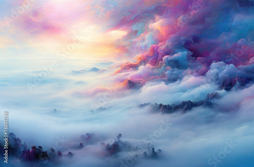 A breathtakingly fantasy landscape. Abstract colorful fantastic background with mesmerizing fog.