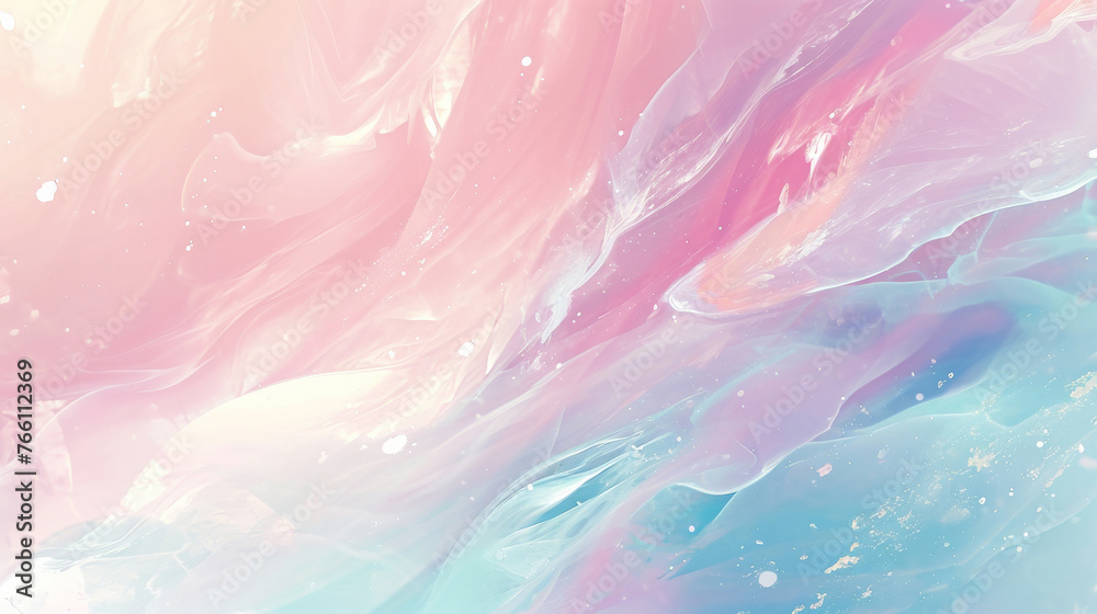 Delicate pastel banner featuring soft swirls of pink and blue hues with scattered glittering particles, evoking serene. For beauty, wellness, backdrops for meditation or relaxation content