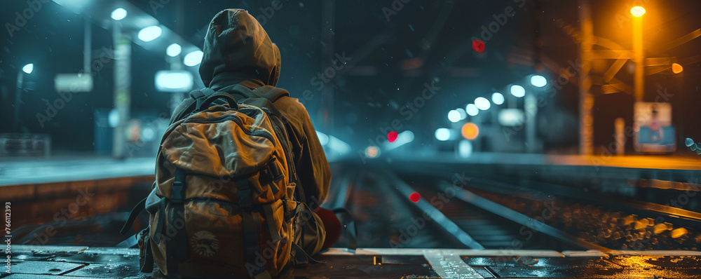 Migrant, worn backpack, seeking hope, sitting stranded at a train station, under a flickering light, realistic, spotlight, depth of field bokeh effect - obrazy, fototapety, plakaty 