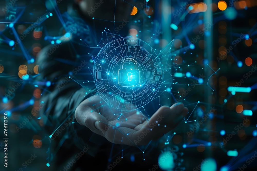 Business Hand Secured by Advanced Digital Padlock and Data Streams in Futuristic Cyber Space Business Hand Secured by Advanced Digital Padlock and Data Streams in Futuristic Cyber Space