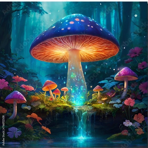 Experience fantasy and enchantment: AI artwork depicts luminescent mushroom in magical forest setting. 