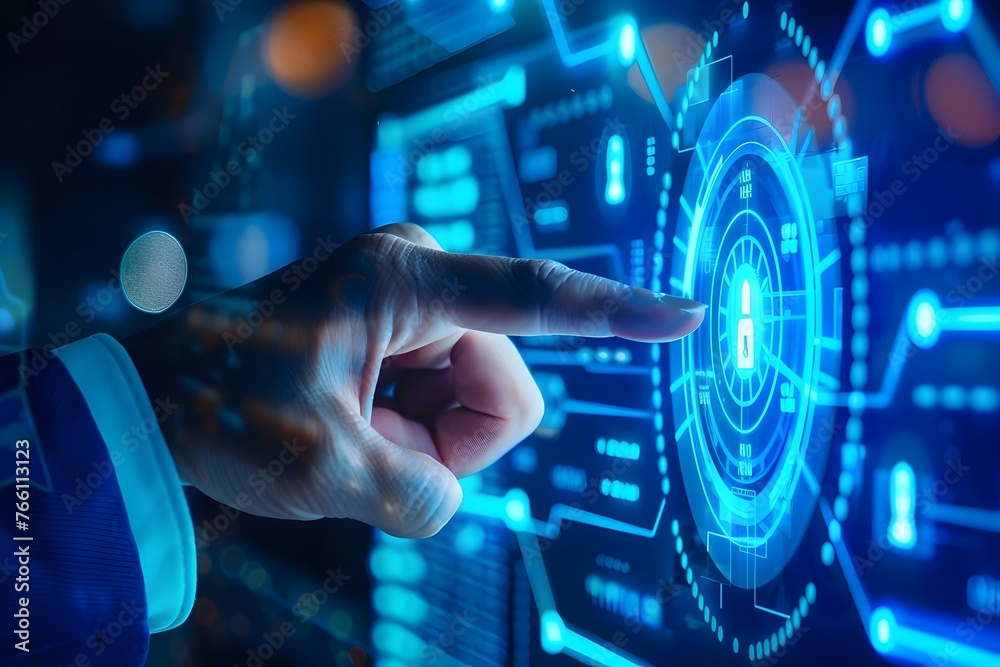 Businessman Securely Interacting with Futuristic Digital Screen Security System Hologram Businessman Securely Interacting with Futuristic Digital Screen Security System Hologram