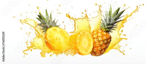 Two ananas plants are splashing in a pool of pineapple juice, creating a natural and vibrant display of colors and textures in this artistic scene