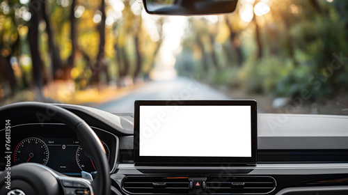 Mock-up monitor in car driving on road, Mock-up monitor blank screen in car, Monitor car, car screen Mock-up for put content, android car play mock up, have space, Monitor in car JPG