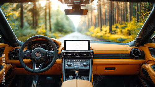 Mock-up monitor in car driving on road, Mock-up monitor blank screen in car, Monitor car, car screen Mock-up for put content, android car play mock up, have space, Monitor in car JPG