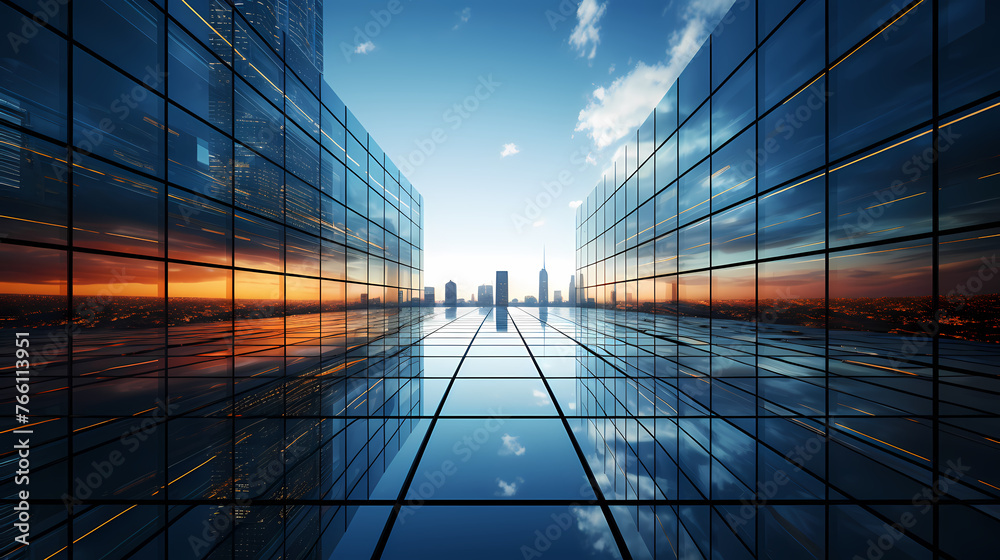 3D rendering of modern office glass building in city 3D rendering of modern office glass building in city