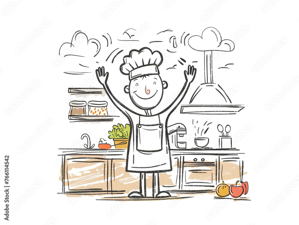 Hand-drawn happy chef in the kitchen. Stick figure illustration.