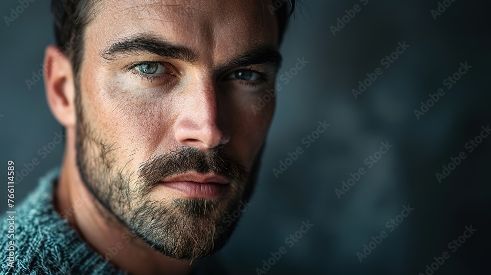 Obraz premium A close-up studio portrait of a serious man with a dark beard