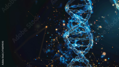 Glowing DNA double helix structure with blue particles, genetic engineering, biotechnology theme