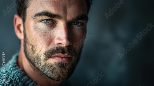 A close-up studio portrait of a serious man with a dark beard