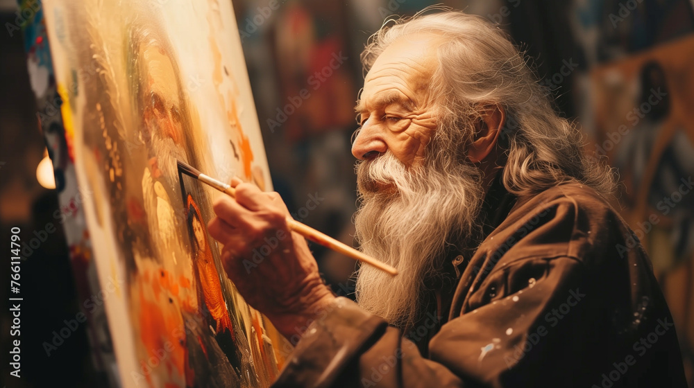 An elderly man paints a self-portrait on canvas An elderly man paints a self-portrait on canvas