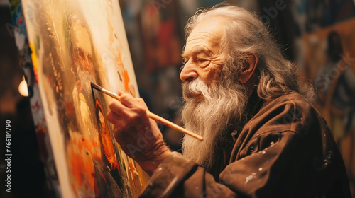 An elderly man paints a self-portrait on canvas photo