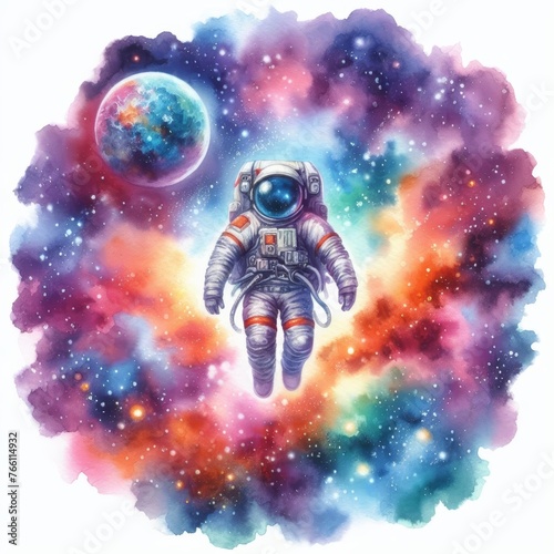 Watercolor Astronaut floating with a colorful nebula backdrop