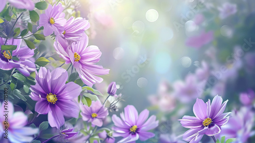 Lush cosmos flowers in full bloom, with soft sunlight filtering through, evoking a serene, tranquil mood. For design backgrounds, greeting cards, wellness and nature-related themes