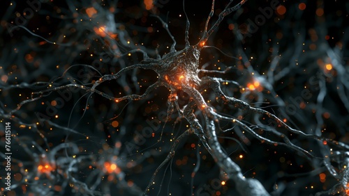 Neural network with shining connections, illustrating complex brain functions and intelligence