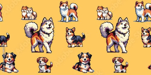 retro-inspired playful pixel art dogs: a colorful and charming digital seamless pattern of cute canine characters