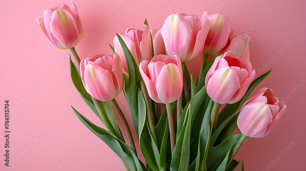 Beautiful composition of pink tulip bouquet on pastel pink background, perfect for Valentine's Day, Easter, birthday, and Mother's Day Beautiful composition of pink tulip bouquet on pastel pink background, perfect for Valentine's Day, Easter, birthday, and Mother's Day