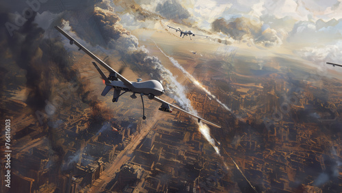 Aerial drone warfare scene over an urban landscape, capturing the tension of a military operation with multiple drones engaged in combat. A fiery explosion below highlights the action