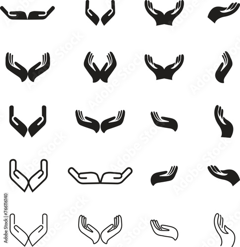 Heart in hand icons set. Hands holding heart icon. Love icon. Health, medicine symbol. Healthcare hands holding heart flat and line style 