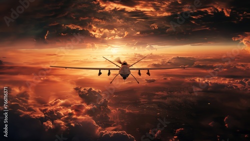 Dramatic scene of a military drone silhouetted against a vivid sunset, with a picturesque backdrop of clouds and fiery sky during an evening operation