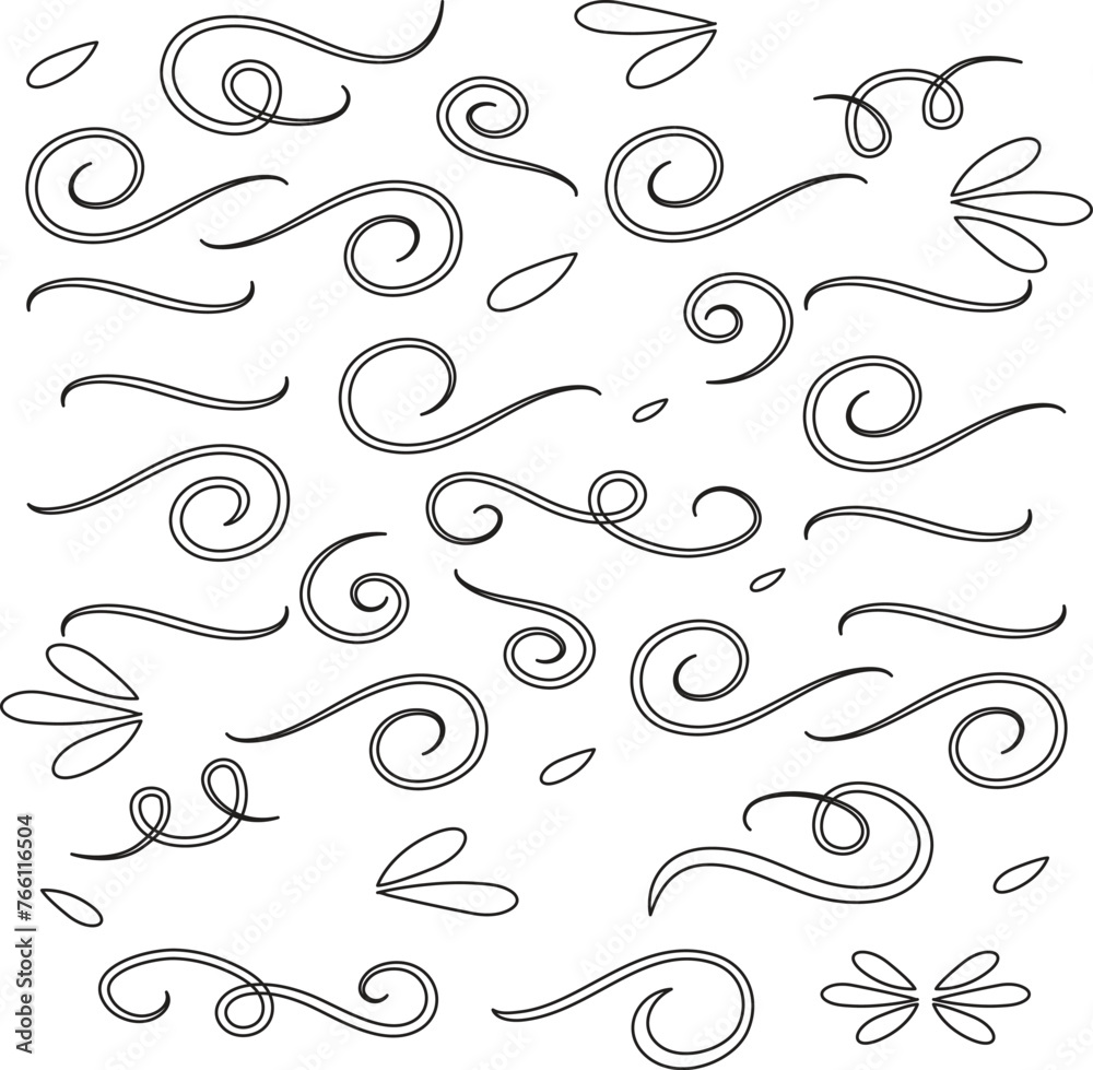 Swirl ornament stroke. Ornamental curls, swirls divider and filigree ornaments vector illustration set - obrazy, fototapety, plakaty 