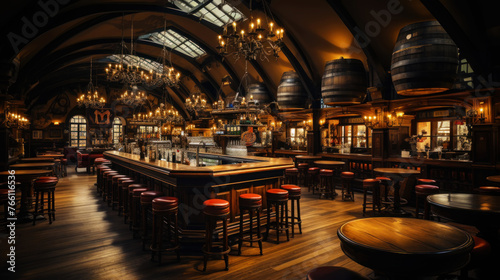 Professional photo of an old beer pub with beer barrels. The atmosphere of a traditional beer pub. Generative AI