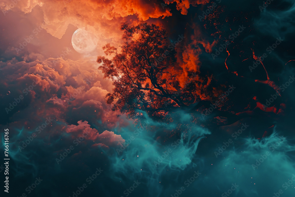 Surreal and vibrant digital artwork featuring large, silhouetted tree against backdrop of fiery red clouds and serene blue mist, with full moon casting gentle glow. fantasy backgrounds, album art