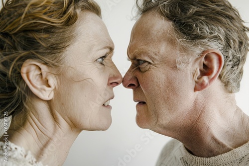 Mid-aged couple in the midst of an argument, isolated against a white studio background. Their faces are close, eyes locked in a confrontational gaze, mouths open as if caught mid-yell. photo