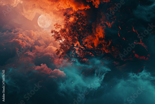 Surreal and vibrant digital artwork featuring large, silhouetted tree against backdrop of fiery red clouds and serene blue mist, with full moon casting gentle glow. fantasy backgrounds, album art © Truprint