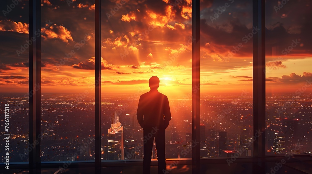 A businessman enjoying a stunning sunset from a window. A businessman enjoying a stunning sunset from a window.