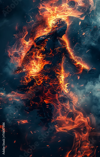 A dancer in fire and flames, abstract background