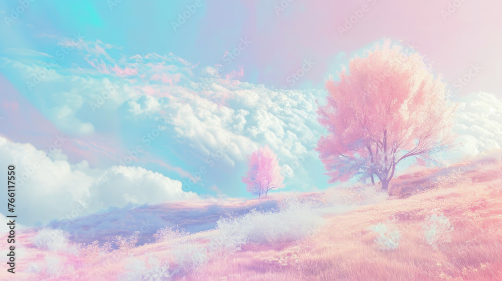 Dreamlike landscape with trees in surreal pastel hues of pink and blue, under soft sky with fluffy clouds, invoking serene and otherworldly atmosphere. For background in fantasy themes, wellness and