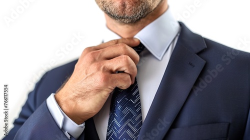 A confident businessman in a suit straightens his tie, ready for the workday photo