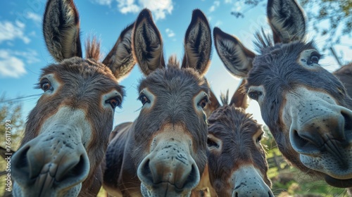 a group of funny donkeys looking at the camera