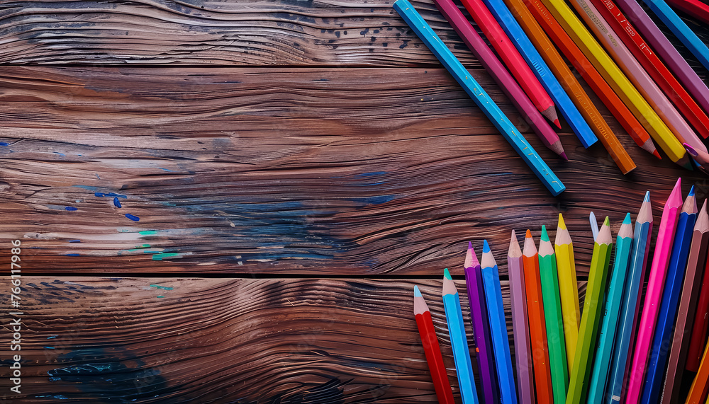 A row of colored pencils are on a blue background